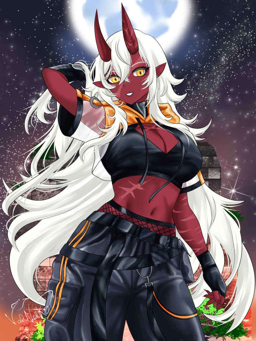 akumi arm_behind_head armpits artist_name belt bra breasts cleavage colored_skin crop_top demon_girl female hair_between_eyes horns large_breasts light_particles long_hair looking_at_viewer midriff navel oni outdoors pants pointy_ears red_skin sky smile solo very_long_hair vyugen white_hair yellow_eyes