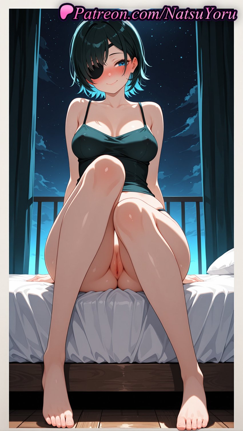 1girls 2025 ai ai_assisted ai_generated anime anime_style artist_name asian bangs bare_shoulders barefoot bed black_camisole black_hair blue_camisole blue_eyes blue_hair blush border bottomless breasts bust busty camisole caucasian chainsaw_man cleavage cleft_of_venus closed_mouth collarbone covered_nipples crop_top curtains eyepatch feet female female_focus female_only foot_fetish full_body hentai hi_res high_quality high_resolution highres himeno_(chainsaw_man) indoors jewelry knees_together_feet_apart labia_majora large_breasts legs light-skinned_female looking_at_viewer medium_breasts medium_hair natsuyoru night night_sky on_bed one_eye_covered panties patreon pussy short_hair sitting sky smile solo solo_female spaghetti_strap stable_diffusion star_(sky) starry_sky tank_top thighs toenail_polish toenails toes uncensored underwear vagina voluptuous voluptuous_female white_border window wooden_floor