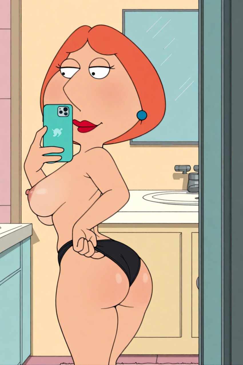 ai_generated ass ass_focus black_thong boobs booty breast_exposed breasts breasts_out butt_focus dat_ass family_guy huge_ass huge_butt lois_griffin orange_hair solo solo_female solo_focus taking_selfie