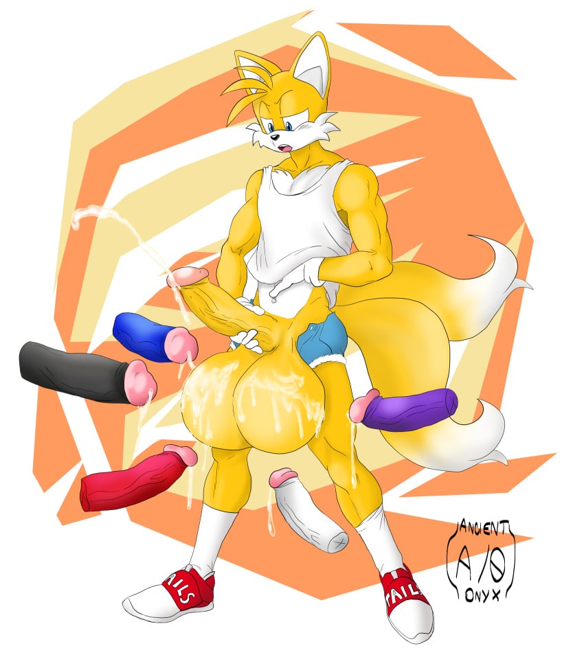 absurd_res ancient-onyx anthro athletic balls ballskkake big_balls big_penis bodily_fluids bottomwear bukkake canid canine clothing cum cum_on_balls footwear fox genital_fluids genitals group hi_res hotpants huge_balls hyper hyper_balls hyper_genitalia male male/male mammal penis sega shirt shoes shorts sneakers sonic_(series) sonic_the_hedgehog_(series) tails tank_top topwear