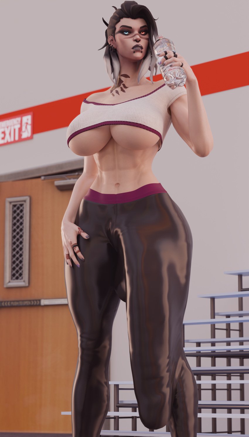 1futa 3d abs big_breasts black_hair bright_pupils bulge bulge_down_leg bulge_through_clothing crop_top fade_(valorant) flaccid futanari gigantic_penis leggings long_penis manufatura pants piercing ring self_upload short_hair tagme tattoo thick_thighs underboob valorant