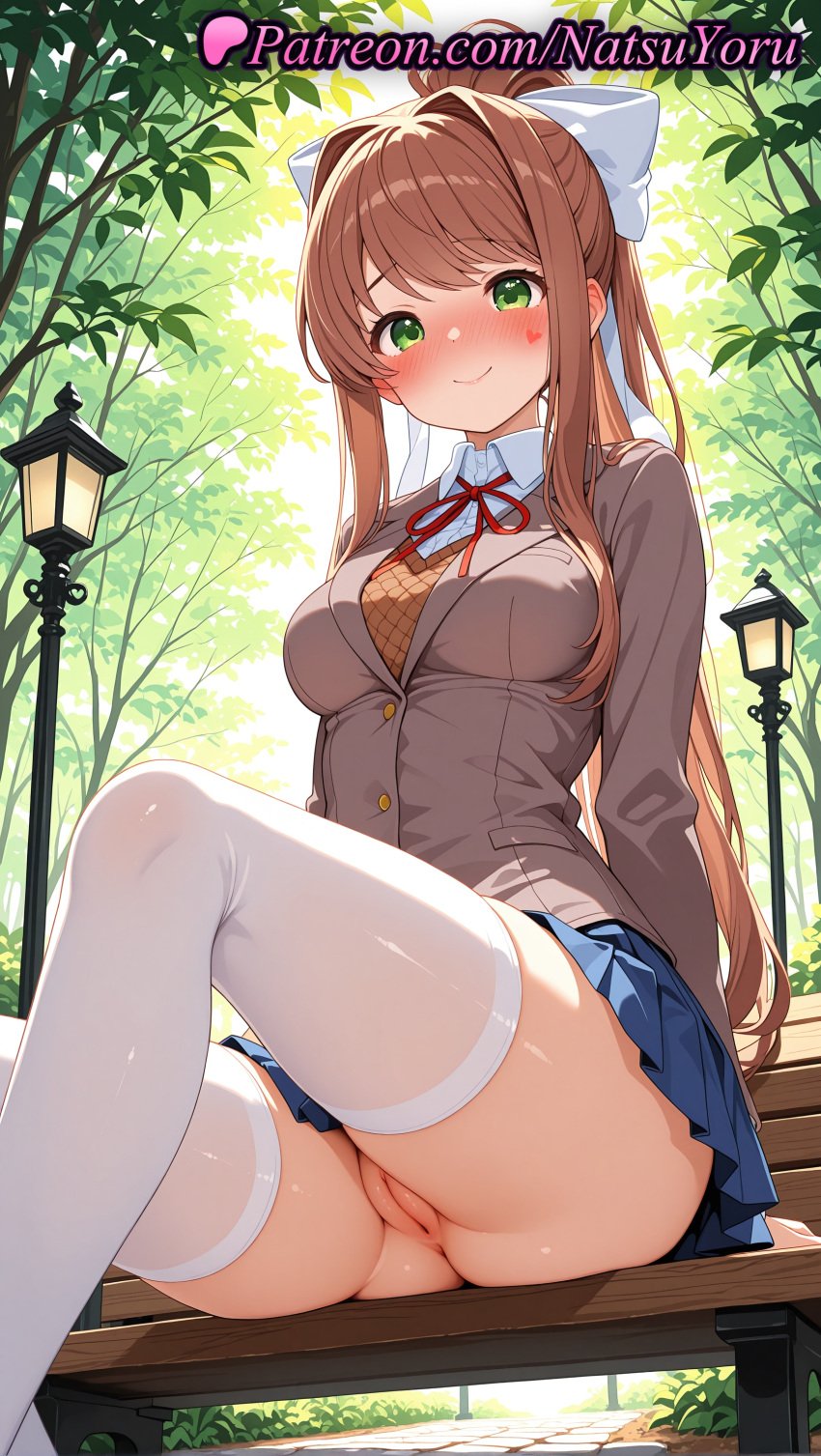 1girls 2025 ai ai_assisted ai_generated anime anime_style anus artist_name asian ass asshole bangs bench blazer blue_skirt blush bow breasts brown_hair brown_jacket bust busty cleft_of_venus closed_mouth collared_shirt day doki_doki_literature_club exhibitionism feet_out_of_frame female female_focus female_only female_solo green_eyes grey_jacket hair_intakes hairbow heart hentai hi_res high_quality high_resolution highres jacket juicy_butt labia labia_majora lamppost legs legwear long_hair long_sleeves looking_at_viewer medium_breasts miniskirt monika_(doki_doki_literature_club) natsuyoru neck_ribbon no_panties non-asian nopan nose_blush oshiri outdoors paipan park_bench patreon pleated_skirt ponytail public_indecency pussy red_ribbon ribbon school_uniform shirt sidelocks sitting skirt smile solo solo_female spread_legs stable_diffusion thighhighs thighs tree uncensored upskirt vagina voluptuous voluptuous_female white_bow white_ribbon white_shirt white_thighhighs