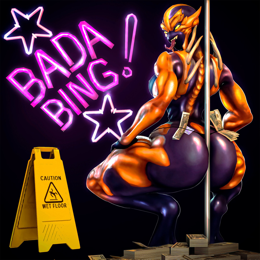 3d 3d_(artwork) ass ass_focus big_ass butt_focus chewychan demon demon_girl doom doom_eternal female female_only imp_(doom) looking_at_viewer looking_back neon neon_lights pole pole_dancing sfm solo squatting