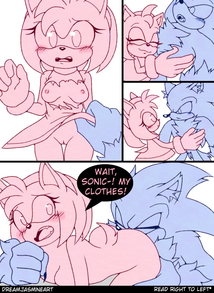 1boy 1girls amy_rose bangs blush breasts clawed_fingers claws comic_page dialogue dreamjasmine fur furry headband larger_male nipples pussy right_to_left sharp_teeth simple_coloring size_difference smaller_female sniffing_ass sonic_(series) sonic_the_hedgehog sonic_the_werehog sonic_unleashed speech_bubble straight tearing_clothes torn_clothing werehog