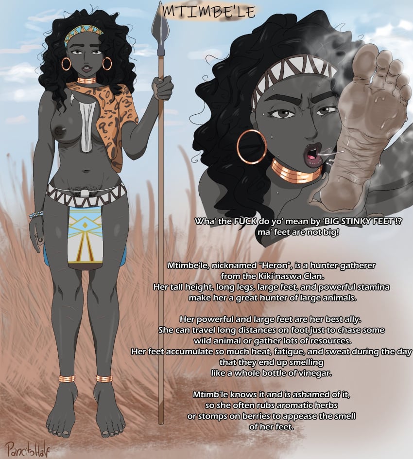 1girls african african_female barefoot black_hair breasts character_profile dark-skinned_female dark_skin dialogue earrings english_text feet female female_only foot_fetish hairband human loincloth neck_ring nipples original_character pancitohalf saliva saliva_string saliva_trail smelly smelly_feet solo solo_female spear steam steamy steamy_feet stink_fumes stinky_feet sweat sweaty sweaty_feet text topless tribal