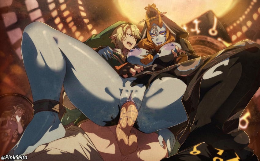 being_watched blonde_hair blue_eyes breasts dress earrings groping groping_breasts link link_(twilight_princess) lipstick_mark lipstick_on_penis midna nipples orange_hair orphen_(pink_seito) pinkseito pointy_ears princess_zelda red_eyes reverse_cowgirl_position riding riding_penis the_legend_of_zelda tunic twili_midna twilight_princess vaginal_penetration zelda_(twilight_princess)