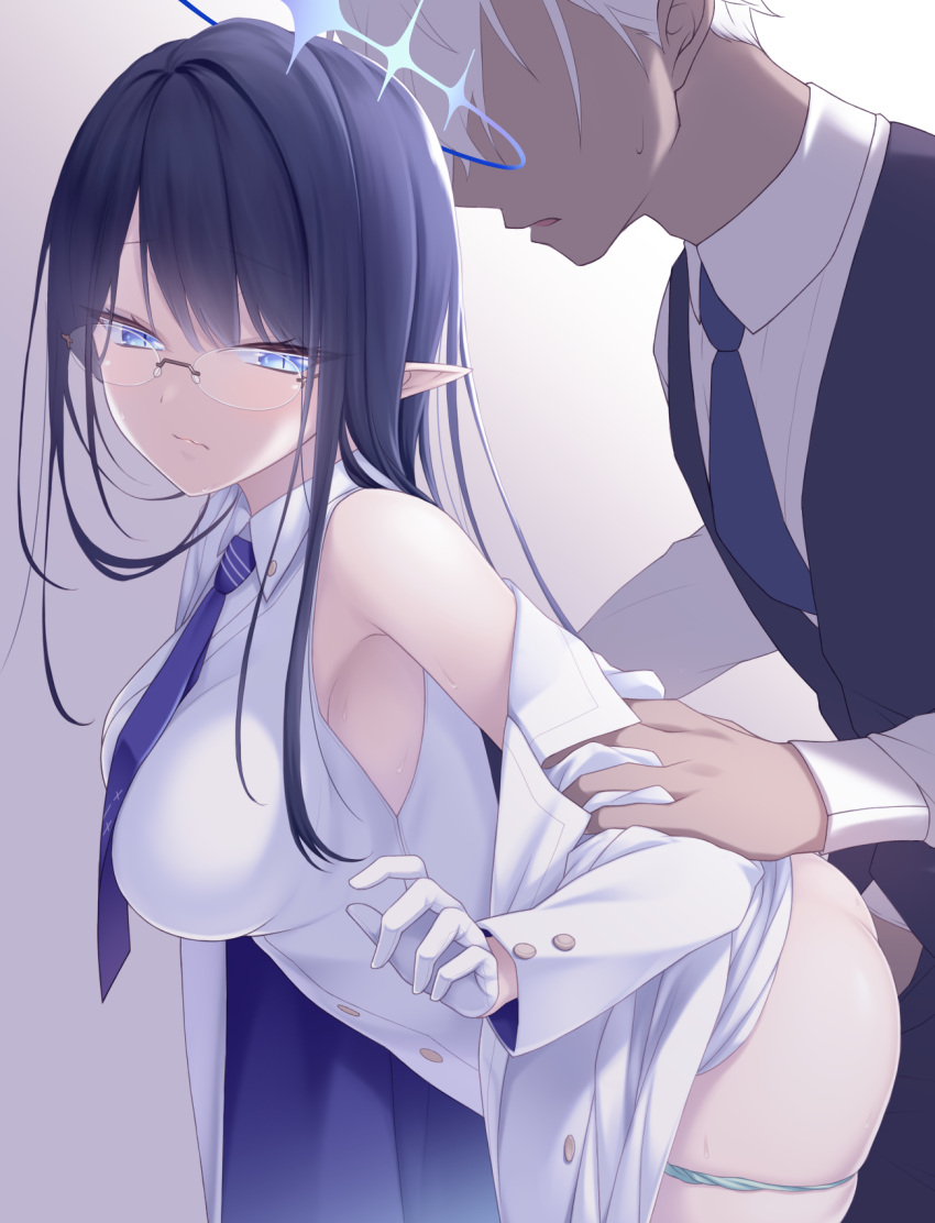 1boy arm_grab ass bangs bare_shoulders bent_over black_hair black_neckwear blue_archive blue_eyes blue_necktie blue_neckwear blush breasts closed_mouth clothed_sex collared_shirt elf eyebrows_visible_through_hair female formal general_student_council_(blue_archive) glasses gloves halo highres jacket large_breasts long_hair long_sleeves midorino_eni necktie off_shoulder panties panty_pull pointy_ears rin_(blue_archive) sex sex_from_behind shirt sleeveless sleeveless_shirt standing standing_sex straight suit sweat underwear vaginal_penetration wavy_mouth white_gloves white_hair white_panties white_shirt