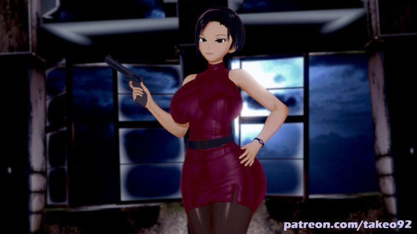 1girls 3d ada_wong ada_wong_(caroline_ribeiro) black_hair brown_eyes curvaceous curvy female female_only firearm fully_clothed gun hand_on_hip handgun holding_weapon huge_breasts human koikatsu large_breasts looking_at_viewer neckwear night pale_skin patreon pinup resident_evil resident_evil_2 revealing_clothes revolver short_hair skimpy skimpy_clothes solo standing takeo92 text thick thick_thighs tight_clothing tight_dress weapon wide_hips wristwear