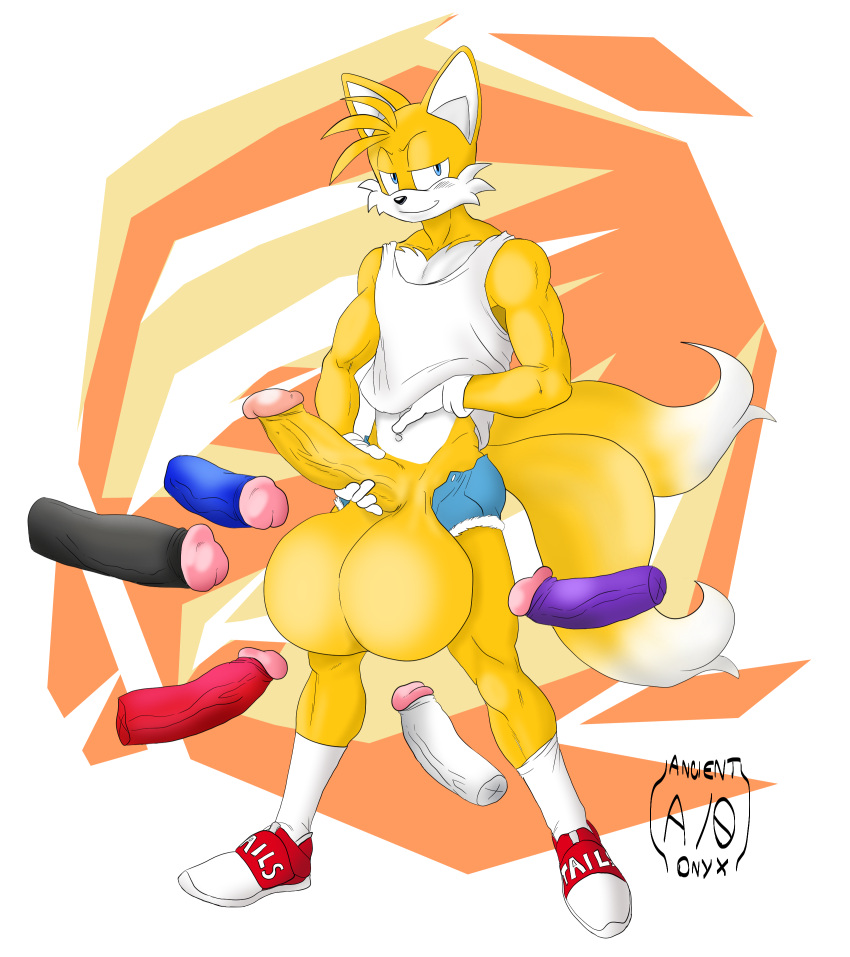 absurd_res ancient-onyx anthro athletic balls big_balls big_penis bottomwear clothing footwear genitals group hi_res hotpants huge_balls hyper hyper_balls hyper_genitalia male male/male penis sega shirt shoes shorts sneakers sonic_(series) sonic_the_hedgehog_(series) tails tank_top topwear