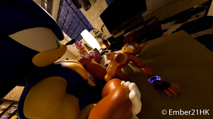 1boy 2girls 3d amy_rose amy_rose_(coel3d) big_ass blender_(software) blender_cycles ember21hk eyes_rolling_back female hedgehog holding_leg huge_ass male masturbating_while_watching missionary_position on_back on_table open_mouth playing_with_breasts sally_acorn sonic_(series) sonic_the_hedgehog sonic_the_hedgehog_(comics) sonic_the_hedgehog_(series) squirrel thick_thighs