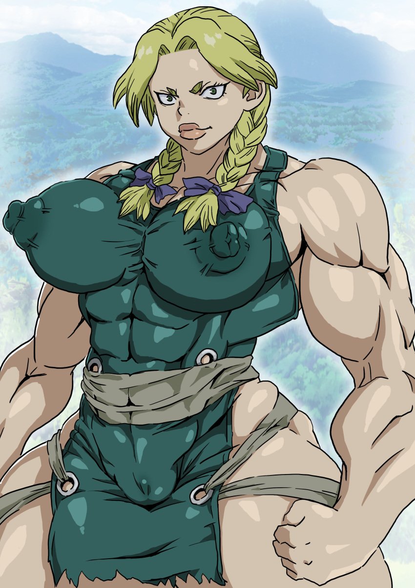 1girls abs big_breasts braid braided_hair breasts cameltoe dr.stone female hanada_nikki huge_breasts muscular muscular_female nikunigushii nipple_bulge nipple_outline solo twintails