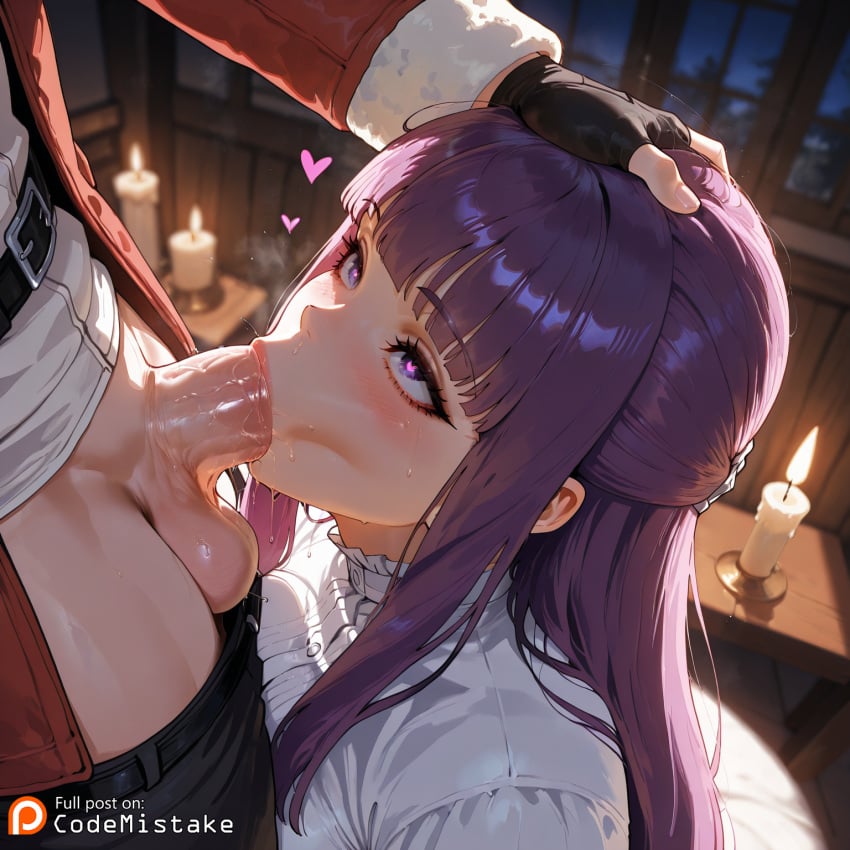 1boy :>= ai_generated blurry_background candle codemistake dutch_angle fellatio female fern_(sousou_no_frieren) from_above heart lips long_hair looking_up oral patreon patreon_logo patreon_reward patreon_url penis purple_eyes stark_(sousou_no_frieren) testicles vacuum_fellatio white_dress