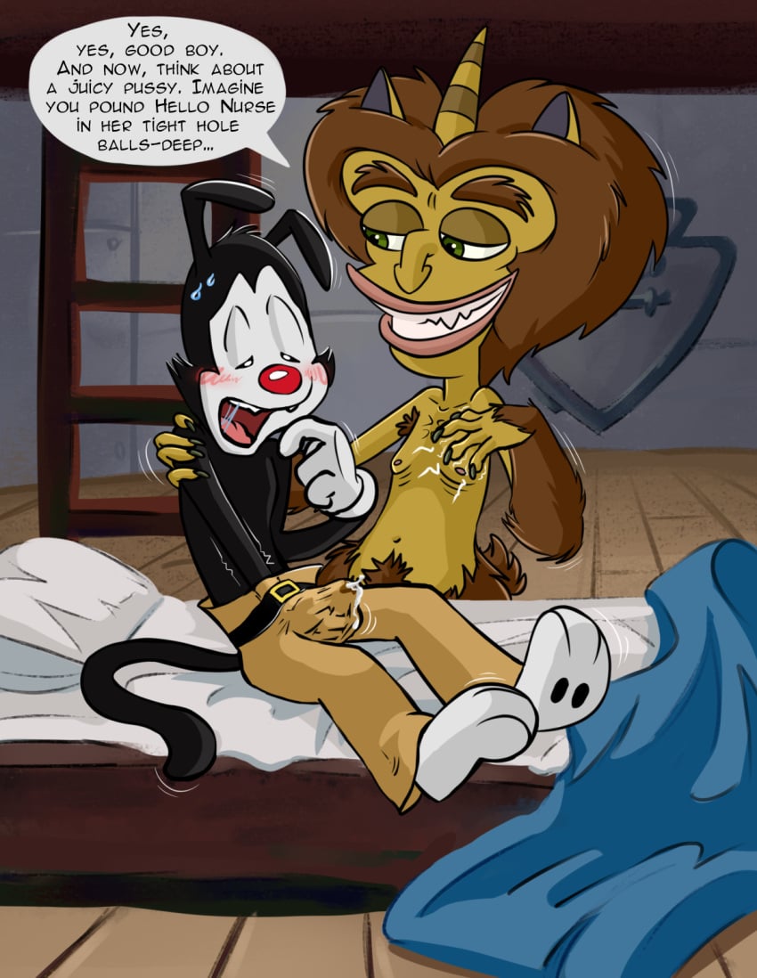 animaniacs anthro big_mouth_(series) bodily_fluids bottomwear bovid bulge caprine clothing cum cum_in_clothing cum_through_clothing dirty_talk duo ejaculation embarrassed english_text genital_fluids hi_res hormone_monster humanoid james_murray male male/male mammal masturbation masturbation_through_clothing netflix pants paws speech_bubble text toony warner_brothers wet wet_clothing yakko_warner