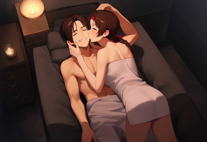 1boy 1girls ai_generated art_of_fighting breasts candlelight dimly_lit female happy king_of_fighters kiss_on_cheek kyo_kusanagi lying_on_back male male_and_female_focus massage massage_bed massage_room snk teasing touching_face towel wholesome yuri_sakazaki