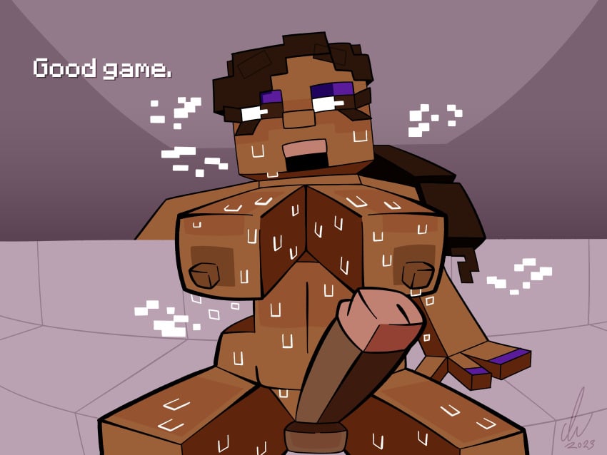 1futa alex_(minecraft) balls breasts classica_p dark-skinned_futanari dark_skin erection female futanari huge_cock human microsoft minecraft mojang nude penis sitting solo sweat