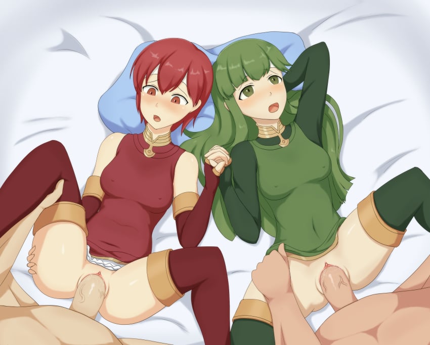 2boys 2girls bare_thighs blush covered_nipples est_(fire_emblem) female female_focus fire_emblem fire_emblem_echoes:_shadows_of_valentia green_eyes green_hair group_sex headband holding_hands long_green_hair long_hair medium_breasts multiple_girls nintendo nipple_bulge on_back on_bed onlysupport open_mouth palla_(fire_emblem) parallel_sex pillow pussy pussy_juice red_eyes red_hair sex short_hair short_red_hair sisters source_request spread_legs thigh_boots vaginal_penetration