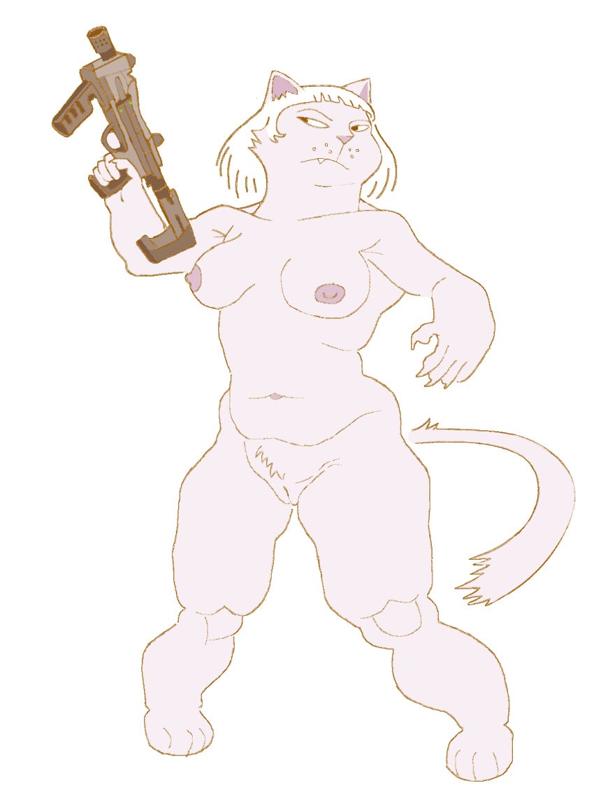 5_fingers anthro areola bangs barefoot breasts domestic_cat fangs feet felid feline felis female fingers genitals gun hair hi_res holding_gun holding_object holding_ranged_weapon holding_weapon looking_away mammal mouth_closed niedopalek nipples nude pink_body pink_inner_ear pubes pussy ranged_weapon simple_background solo standing teeth thick_neck triangle_nose weapon white_background white_hair