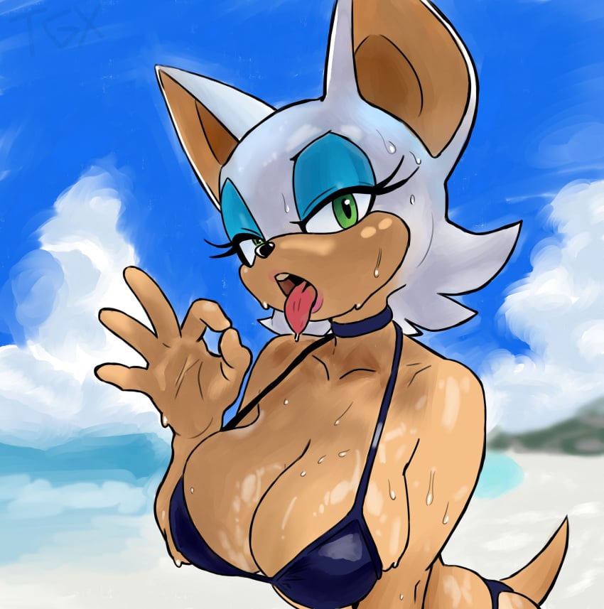 1girls bat_ears bat_wings beach bikini blurry_background covered_nipples female furry green_eyes large_breasts lipstick looking_at_viewer ocean open_mouth outdoors rouge_the_bat shiny_skin sonic_(series) suggestive_gesture thisguyxyq tongue tongue_out wet