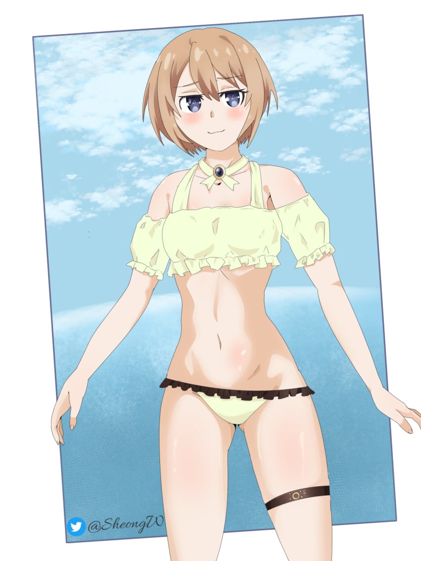 blanc blanc_(neptunia) blue_eyes brown_hair choujigen_game_neptune neptunia neptunia_(series) sheong_wong short_hair stomach swimsuit