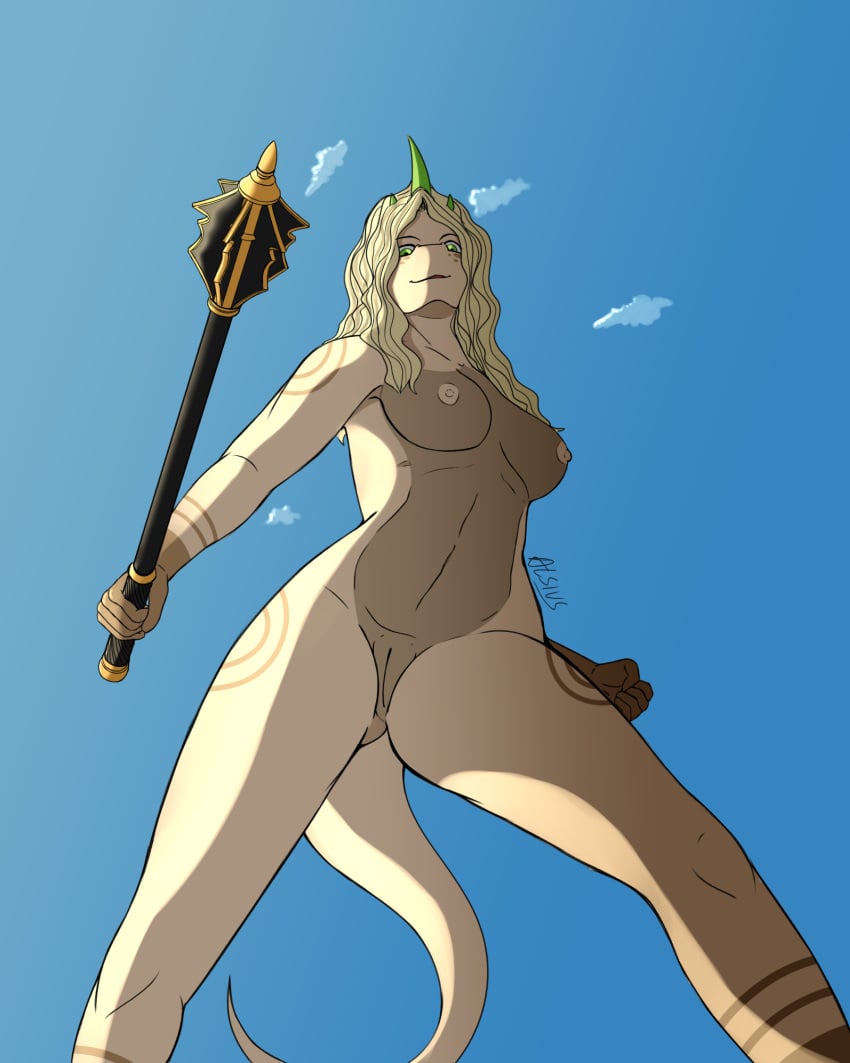 2024 4:5 alsius_arcticus anthro areola artist_name ass biped blonde_hair breasts brown_body brown_scales butt_from_the_front cloud day female fingers fist genitals green_eyes hair hi_res holding_object horn humanoid_genitalia humanoid_hands humanoid_pussy lizard long_hair looking_at_viewer looking_down low-angle_view medium_breasts multicolored_body multicolored_scales nipples non-mammal_breasts non-mammal_nipples nude nude_anthro nude_female outside pussy reptile scales scalie shaded shadow smile solo tail tan_body tan_scales tess_(alsius) text two_tone_body two_tone_scales worm's-eye_view