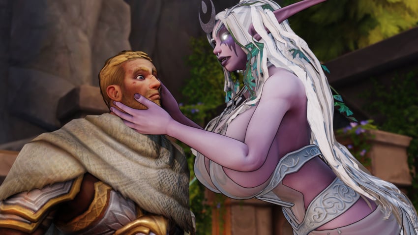1boy 1girls 3d anduin_wrynn big_breasts blizzard_entertainment blue_hair breasts female huge_breasts human human_(world_of_warcraft) justicaralb kasani_nightclaw light-skinned_male light_skin male night_elf nipple_piercing original_character pink_skin see-through see-through_clothing skimpy skimpy_clothes thick_thighs voluptuous voluptuous_female warcraft white_hair wide_hips world_of_warcraft
