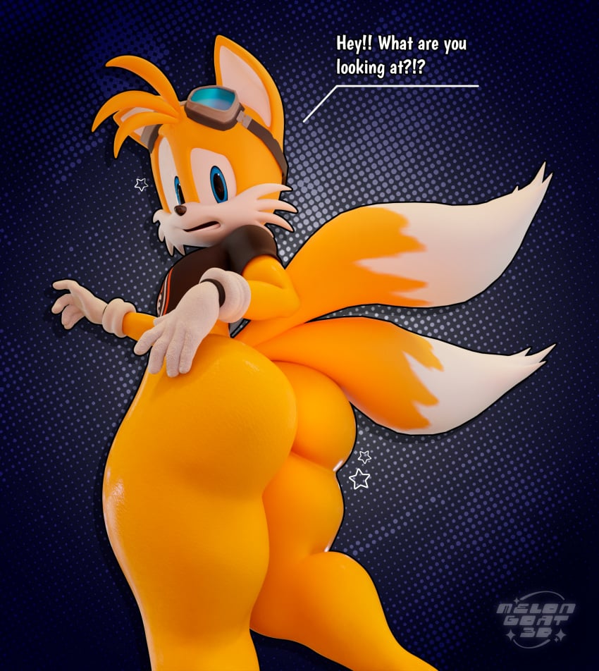 1boy 3d anthro ass big_ass bottomless bubble_butt clothing crop_top dat_ass dialogue fat_ass femboy fox goggles goggles_on_head huge_ass large_ass looking_at_viewer looking_back male male_only melongoat3d png shirt solo sonic_(series) tails_the_fox talking_to_viewer text thick_ass thick_thighs thunder_thighs wide_hips