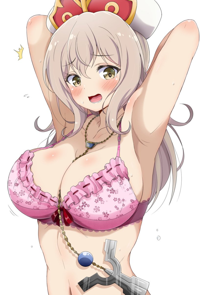 1girls armpits arms_behind_head arms_up blush bouncing_breasts bow bow_bra bra breasts commentary dot_nose eggman_(ni_tamagoex) embarrassed floral_print flying_sweatdrops furrowed_brow grey_hair hat highres huge_breasts isekai_maou_to_shoukan_shoujo_no_dorei_majutsu long_hair looking_at_viewer lower_teeth_only lumachina_weselia motion_lines navel open_mouth pink_bra raised_eyebrows red_ribbon ribbon simple_background strap_gap teeth underwear underwear_only wavy_mouth white_background