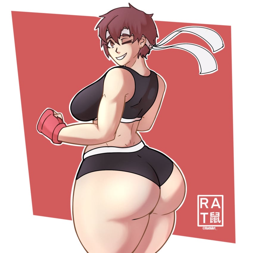 ass ass_bigger_than_head ass_focus athletic athletic_female big_ass big_butt bottom_heavy boxing_gloves brown_hair bubble_butt dat_ass fat_ass gloves huge_ass large_breasts light-skinned_female light_skin paag pawg rathart rear_view round_ass sakura_kasugano short_hair simple_background sports_bra sportswear street_fighter thick_ass thick_thighs thunderthighs tomboy toned toned_female venus_body voluptuous voluptuous_female wide_hips wink winking_at_viewer