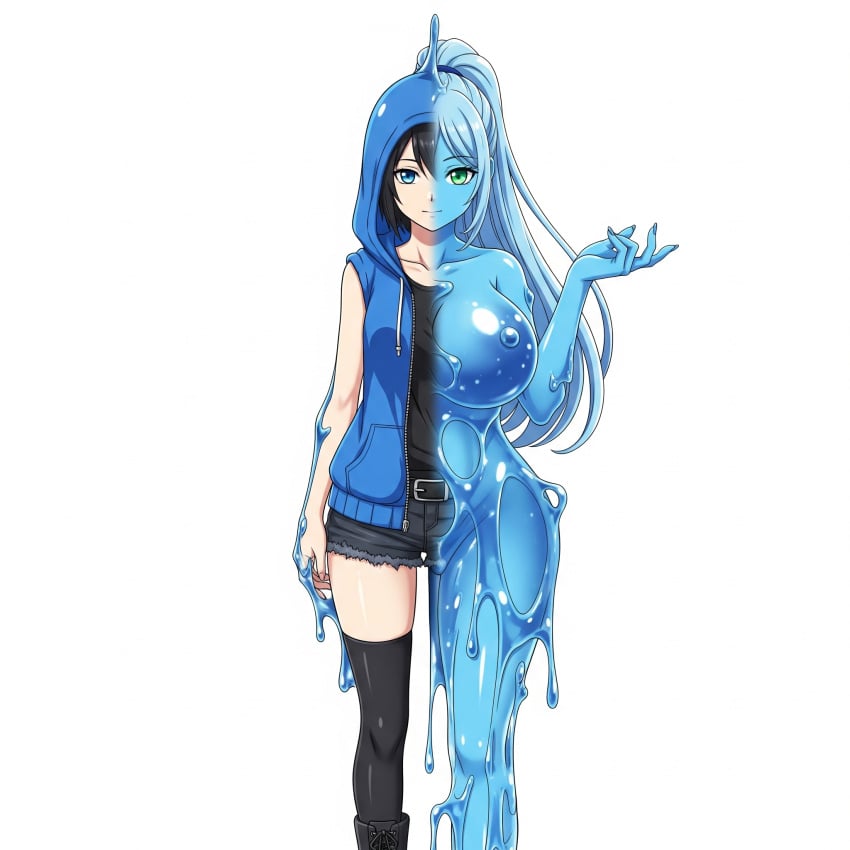 2girls ai_generated black_boots black_hair black_legwear black_shirt blue_eyes blue_hair blue_hoodie cleavage fusion green_eyes hair human_female large_breasts long medium_breasts nude ponytail short_hair sleeveless_shirt slime slime_girl transformation transformation_sequence