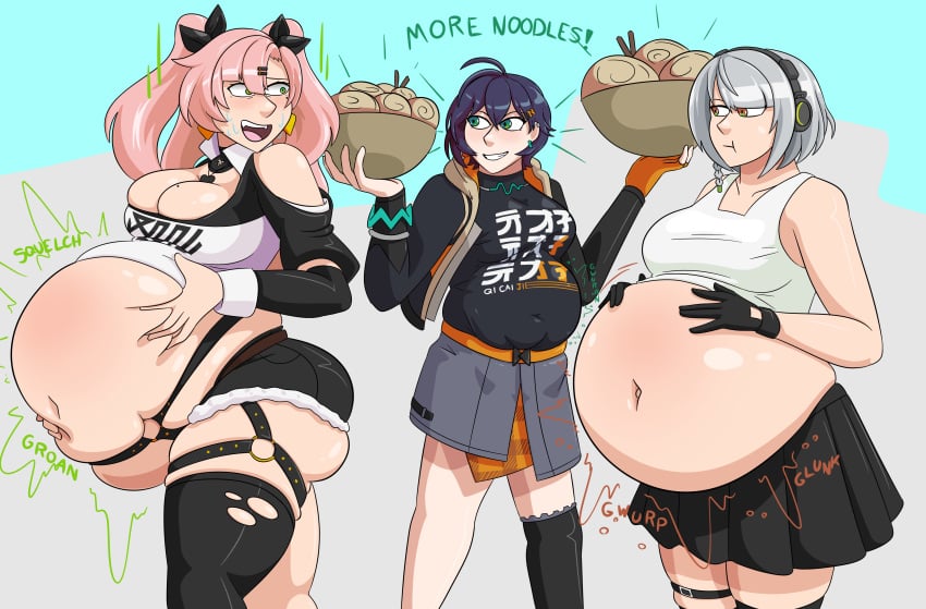 3females 3girls anby_demara ass belle_(zenless_zone_zero) belly belly_button big_belly breasts chubby chubby_female cunning_hares exposed_fat_belly fat fat_female fat_girl fat_woman female female_focus female_only hoyoverse light-skinned_female light_skin mihoyo mihoyo_technology_(shanghai)_co._ltd. nicole_demara noodles pink_hair pink_hair_female standing thighs trio trio_female trio_focus weight_gain weight_gain_female white_hair white_hair_female zenless_zone_zero