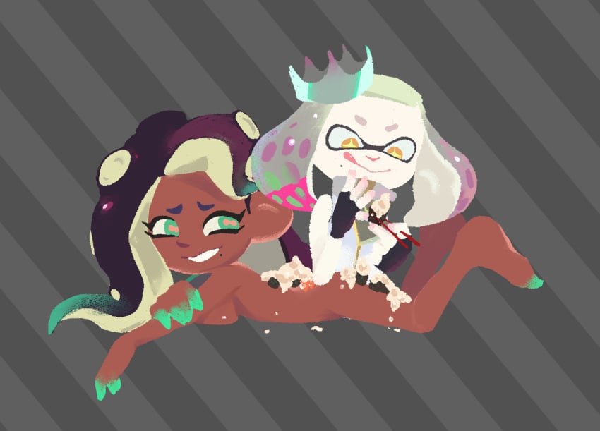 1girls accurate_art_style ass breasts chubbilust dark-skinned_female dark_skin female light-skinned_female light_skin marina_(splatoon) nude nyotaimori pearl_(splatoon) splatoon tagme