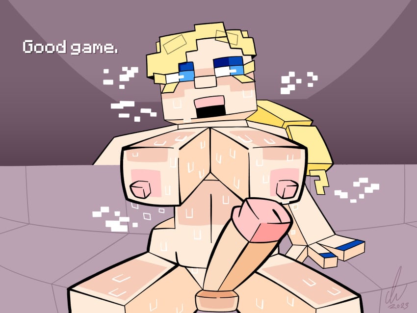 1futa alex_(minecraft) balls breasts classica_p cubic_breasts erection female futanari huge_cock human light-skinned_futanari light_skin microsoft minecraft mojang nude penis sitting solo square_(anatomy) sweat