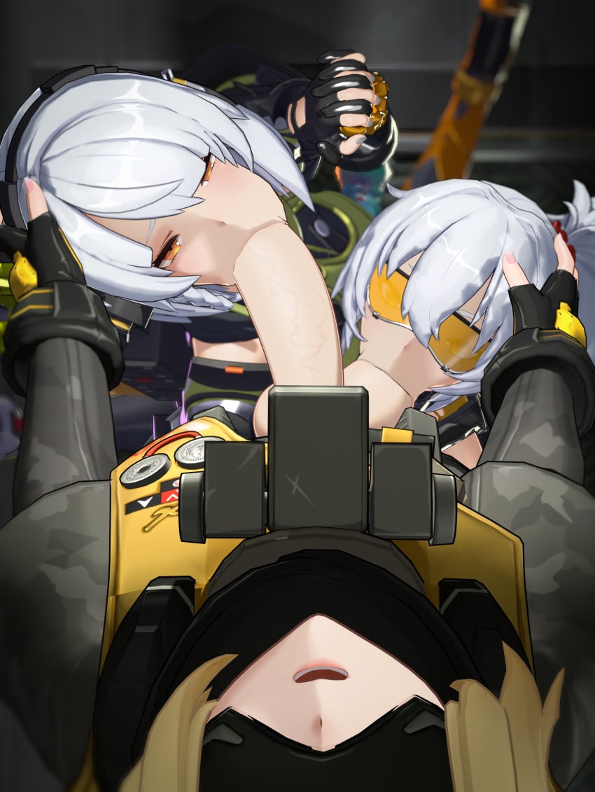 1futa 2girls 3d_(artwork) anby_demara big_penis blonde_hair blowjob blush deskt3d fellatio fingerless_gloves futanari glasses grey_hair holding_head hoyoverse interlocked_fingers mihoyo orange_eyes painted_nails ponytail short_hair soldier_11_(zenless_zone_zero) sucking_balls tagme threesome trigger_(zenless_zone_zero) visor visor_glasses zenless_zone_zero