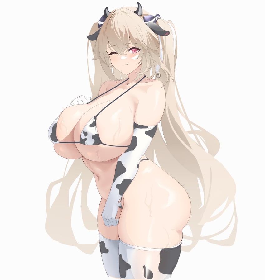 alternate_breast_size anchorage_(azur_lane) animal_ears animal_print ass azur_lane bare_shoulders bikini blonde_hair breasts collarbone cow_ears cow_girl cow_horns cow_print cow_print_bikini cow_print_gloves cow_print_thighhighs cowboy_shot elbow_gloves fake_animal_ears fake_horns female from_side gloves hair_between_eyes highres horns huge_breasts long_hair looking_at_viewer navel one_eye_closed print_bikini print_gloves print_thighhighs simple_background solo swimsuit thighhighs very_long_hair white_background zuzhang