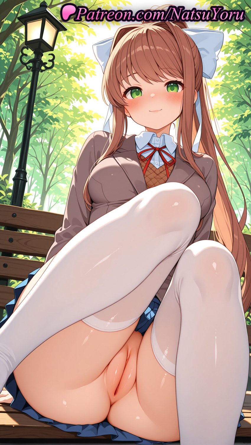 1girls 2025 ai ai_assisted ai_generated anime anime_style artist_name asian ass asshole bangs bench blazer blue_skirt blush bow breasts brown_hair brown_jacket bust busty cleft_of_venus closed_mouth collared_shirt day doki_doki_literature_club feet_out_of_frame female female_focus female_only female_solo from_below green_eyes hair_ribbon hairbow hentai hi_res high_quality high_resolution highres jacket juicy_butt labia labia_majora lamppost legs legwear long_hair long_sleeves looking_at_viewer medium_breasts monika_(doki_doki_literature_club) natsuyoru neck_ribbon no_panties non-asian nopan oshiri outdoors paipan park_bench patreon pleated_skirt ponytail public_indecency pussy red_ribbon ribbon school_uniform shirt sitting skirt smile solo solo_female stable_diffusion thighhighs thighs tree uncensored upskirt vagina voluptuous voluptuous_female white_bow white_legwear white_ribbon white_shirt white_thighhighs