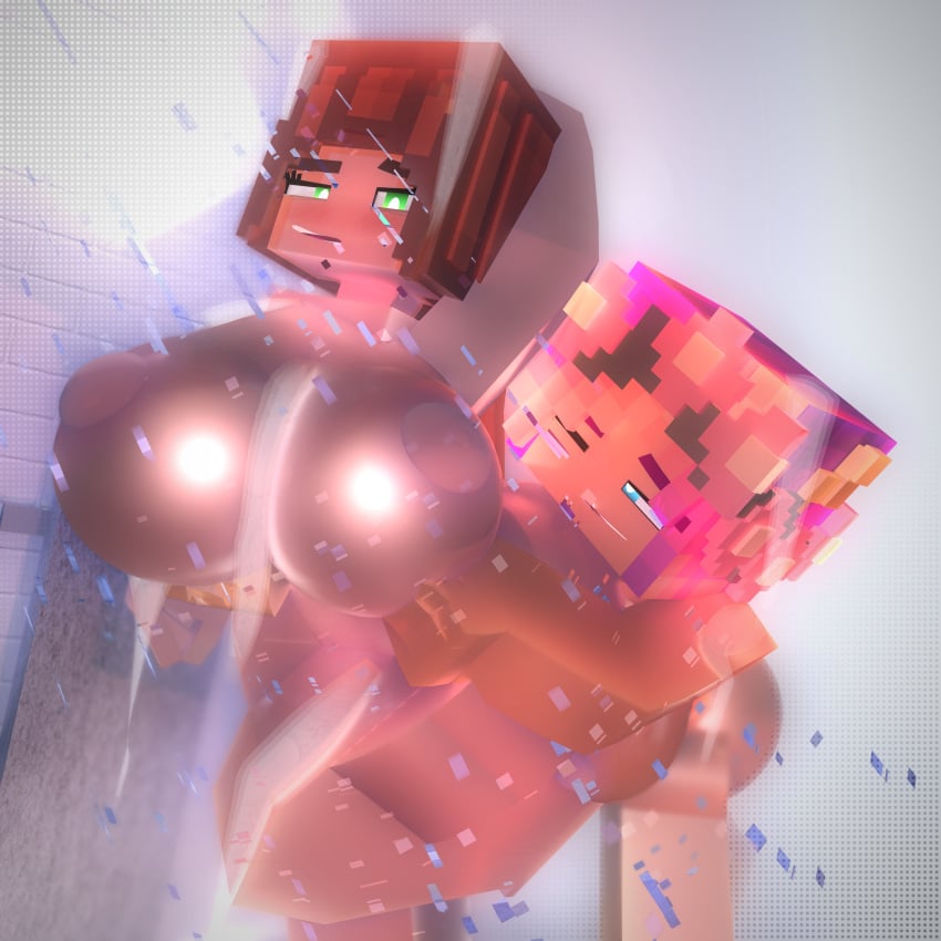 2girls 3d ass bent_over blue_eyes brown_hair cheyenne_quinn cuteskyler female female_only grabbing_breasts grabbing_breasts_from_behind grabbing_from_behind green_eyes holding_breast holding_breasts milf mine-imator minecraft mother mother_and_daughter nude nude_female pink_hair shiny_breasts shower showering skyler_quinn thick_thighs wet