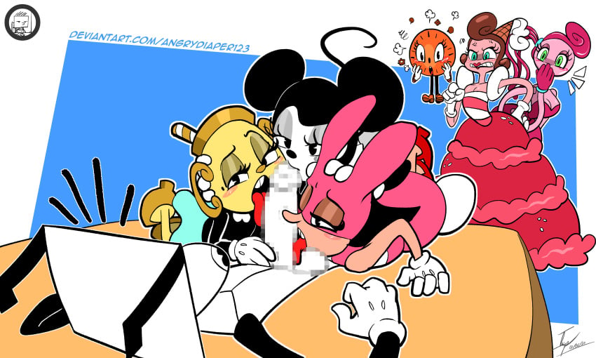 1boy 6+girls angrydiaper123 anthro anthro_only baroness_von_bon_bon being_watched blowjob blush buckteeth censored censored_penis collaborative_fellatio cuphead_(game) deviantart disney fellatio female group_sex loki_(series) marvel marvel_cinematic_universe minnie_mouse miss_minutes mommy_long_legs mosaic_censoring ms._chalice multiple_girls noisette_(pizza_tower) nsfw oc pizza_tower poppy_playtime self_insert teamwork tongue_out triple_fellatio