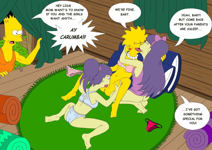 3girls aged_up bart_simpson blonde_hair bottomless bow bra clothing cunnilingus female human implied_incest lisa_simpson male mike4illyana multiple_girls oral_sex panties purple_hair sherri_mackleberry sisters terri_mackleberry the_simpsons twins underwear yellow_body yuri