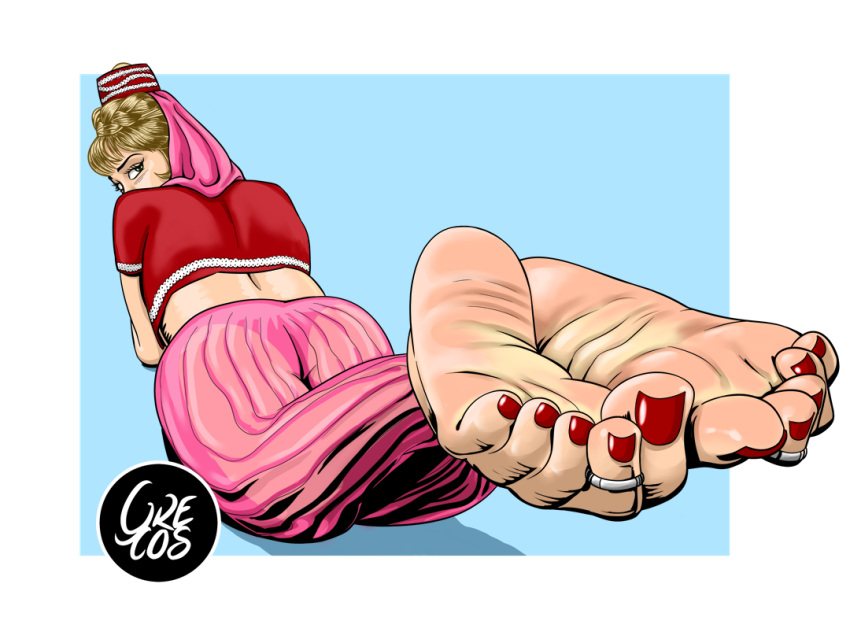 1girls barefoot blonde_hair feet foot_fetish foot_focus grecosart green_eyes harem_pants i_dream_of_jeannie jeannie looking_at_viewer looking_back meaty_soles presenting_feet red_toenails see-through_clothing soles solo_female toe_ring toe_scrunch toenail_polish toenails toes wrinkled_feet wrinkled_soles