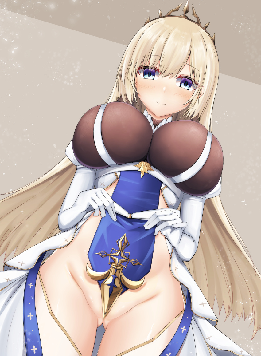 1girls azur_lane big_breasts blonde_hair blue_eyes blush crown dress exposed_pussy exposed_torso female female_only gloves iris_libre_(azur_lane) lifting_skirt light-skinned_female light_skin long_hair looking_at_viewer looking_down manatu_kato painlevé_(azur_lane) revealing_clothes smile teasing