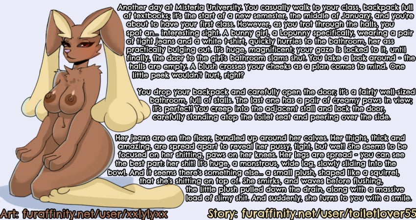 anthro big_breasts big_butt breasts brown_body brown_fur butt caption captions digital_media_(artwork) english_text essay feces female flushed flushing_toilet full_story fur generation_4_pokemon image_sequence kitokitokito kneeling lagomorph leporid looking_at_viewer lopunny mammal nintendo nipples nude paws pink_nose plushie pokemon pokemon_(species) rabbit red_eyes scat simple_background slightly_chubby slightly_chubby_female smile solo tan_body tan_fur text thick_thighs toilet tulip_(kitokitokito) xxlylyxx