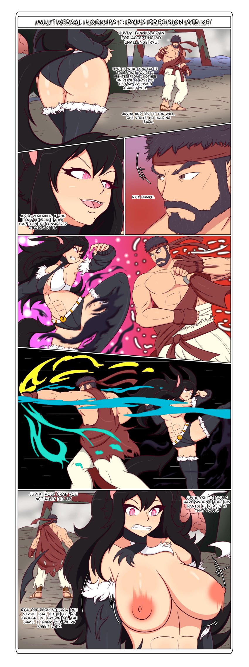 1boy 1girls abs big_breasts black_hair black_hair_female bouncing_breasts bunny_ears bunny_girl clash comic demon_girl dywtba-alt-universe female fight forced fox_girl fox_tail juko_arigato leggings monster_girl multiversal_hookups original_character pink_eyes punch punched punching ryu_(street_fighter) street_fighter street_fighter_6 stripping succubus topless