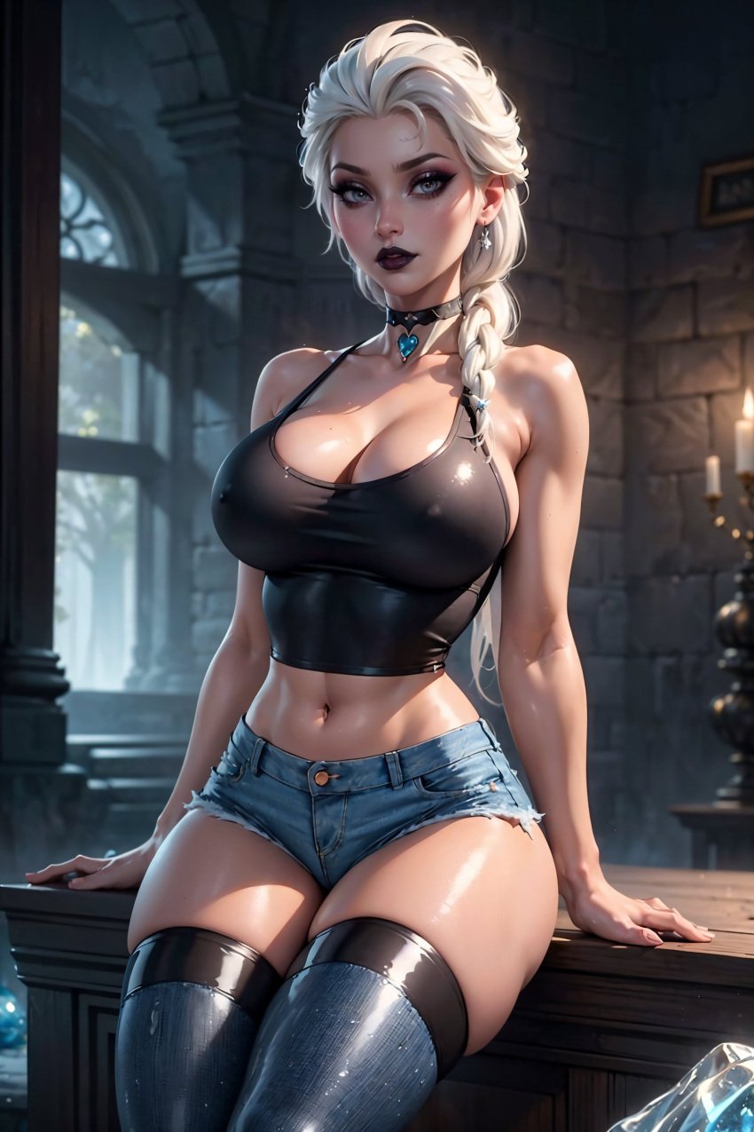 1girls 2d ai_generated black_lipstick black_top braid breasts choker cleavage covered_nipples denim_shorts disney elsa_(frozen) female frozen_(film) frozen_2 goth goth_girl large_breasts league69 nipple_bulge short_pants shorts sideboob sitting solo tank_top thick_thighs thigh_highs thighhighs white_hair