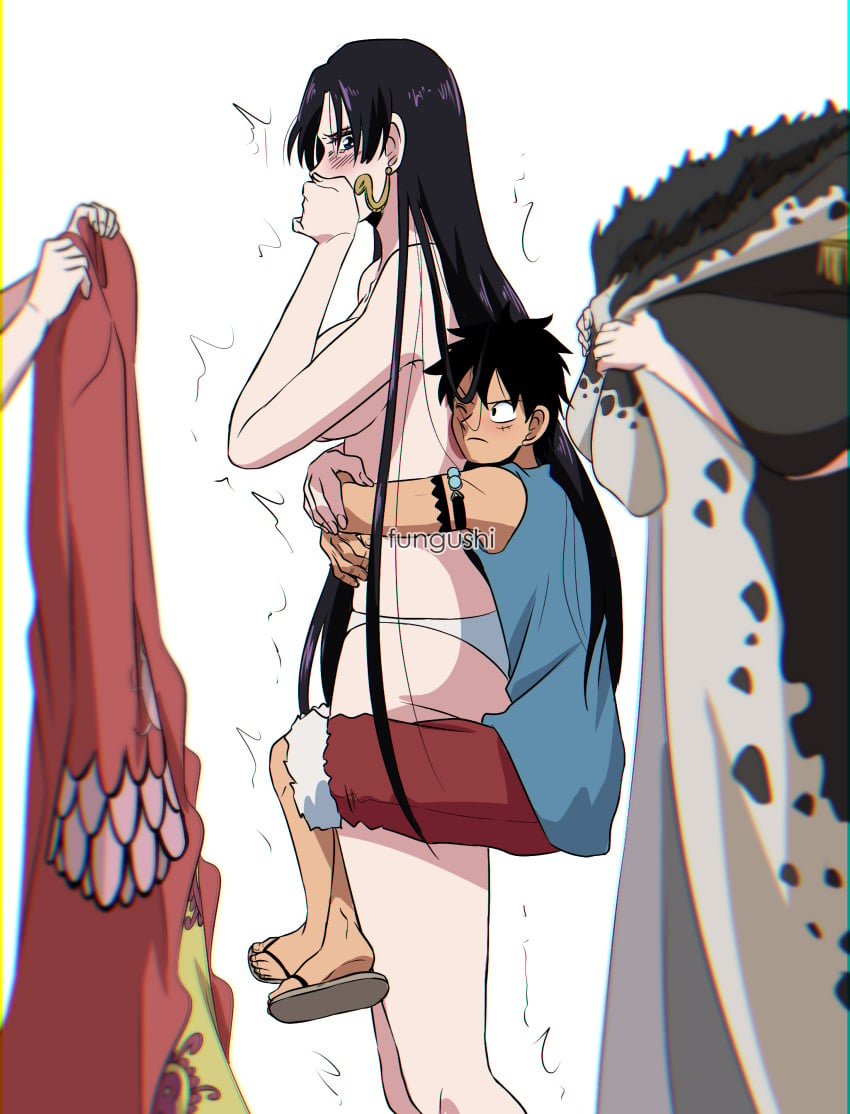 1boy 1girls black_hair boa_hancock female fungushi height_difference large_breasts long_hair male male/female monkey_d_luffy one_piece taller_female taller_girl