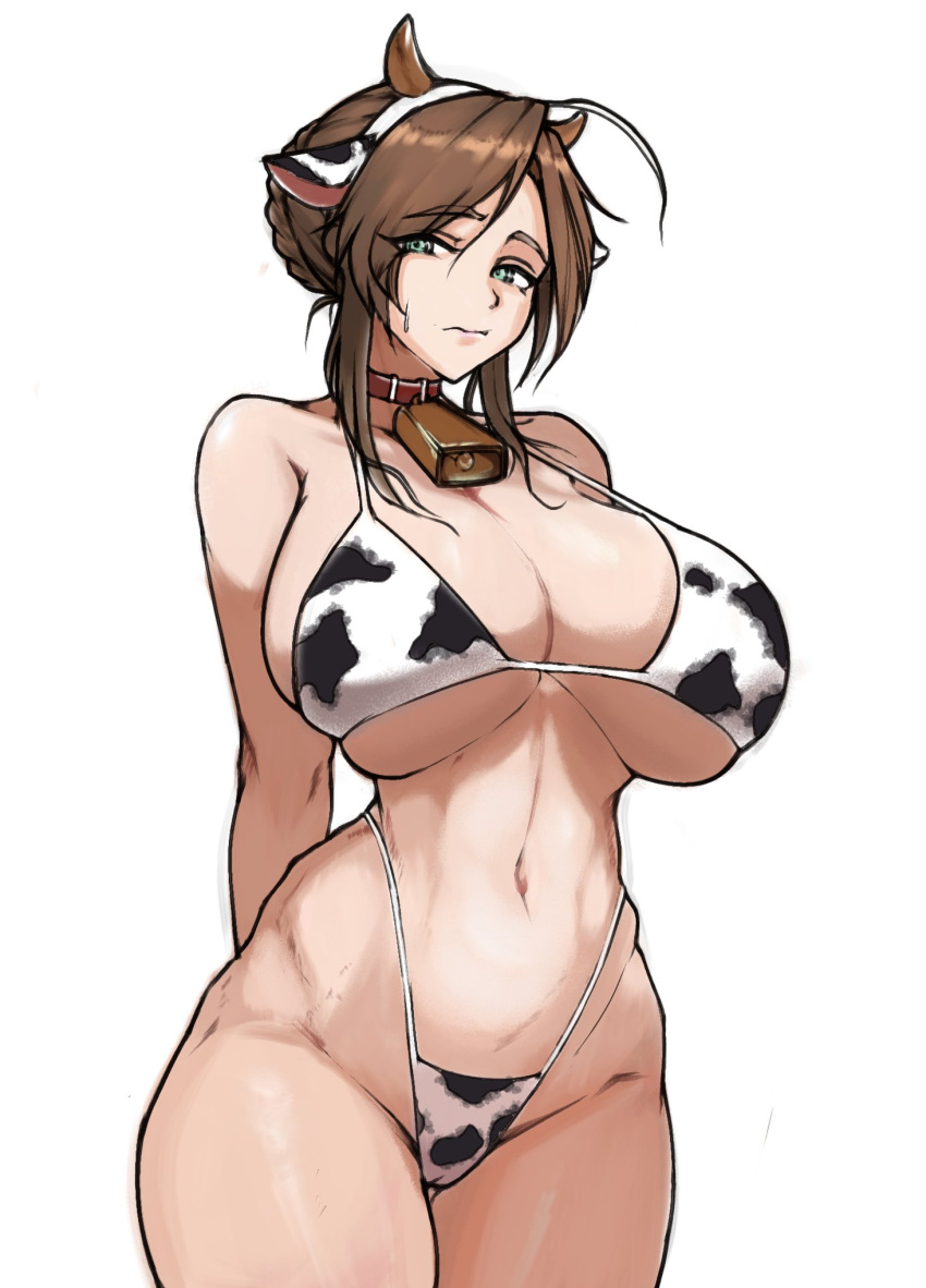 arms_behind_back bell_collar cameltoe cow_ears cow_ears_headband cow_girl cow_horns cow_print cowbell cowboy_shot embarrassed fake_animal_ears girls'_frontline huge_breasts lee-enfield_(girls'_frontline) lee-enfield_(girls_frontline) looking_away sweatdrop thick_thighs wavy_mouth wide_hips