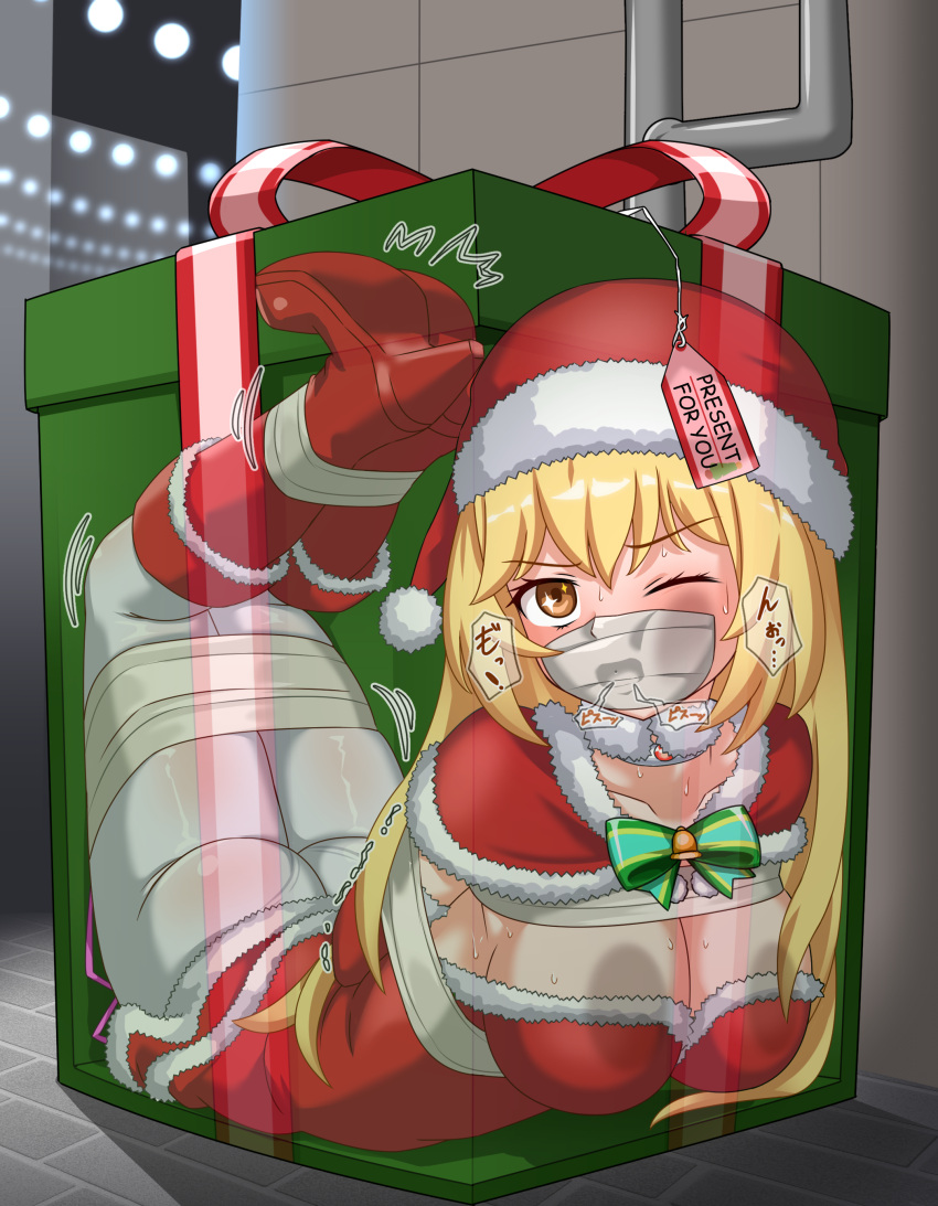 arms_tied_behind_back asphyxiation blonde_hair bondage bound_ankles bound_legs christmas christmas_outfit gag gagged in_box one_eye_closed orange_eyes over_the_nose_gag santa_hat shokuhou_misaki suffocation tape_gag thalter39o to_aru_kagaku_no_railgun to_aru_majutsu_no_index x-ray