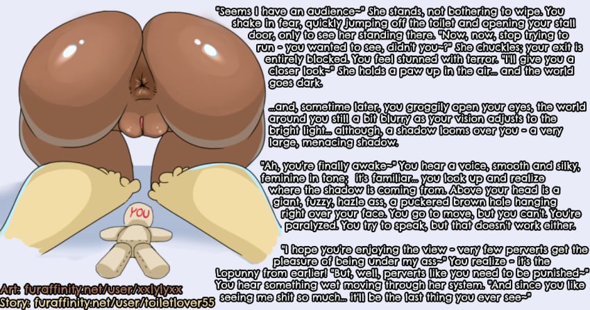 ambiguous_gender animate_inanimate anthro anus ass bent_over big_butt brown_body brown_fur bubble_butt butt caption captions dialogue digital_media_(artwork) duo english_text feces female female/ambiguous fur generation_4_pokemon genitals image_sequence kitokitokito living_plushie lopunny male male/female mammal nintendo nude plushie plushie_transformation plushification pokemon pokemon_(species) pussy scat simple_background size_difference text thick_thighs transformation tulip_(kitokitokito) viewer xxlylyxx