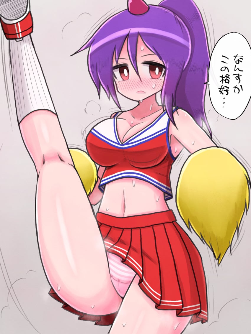 1girls belly_button blush breasts cheerleader cheerleader_outfit cheerleader_uniform clothed collarbone crotch_seam female_focus hiiro_sp horn horns japanese_text leg_lift leg_up long_hair long_socks navel one_horn open_mouth panties pom_pom_(cheerleading) pom_poms ponytail purple_hair red_eyes shoes simple_background solo solo_focus steam striped_panties sweat tenkajin_chiyari thighs touhou translation_request underwear