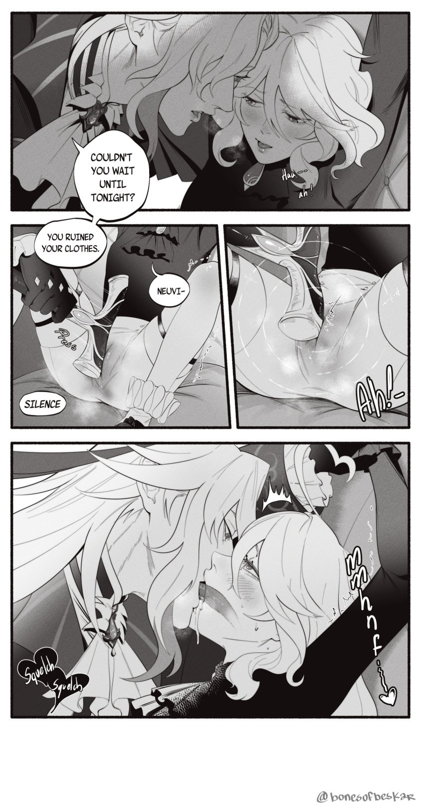 1boy 1girls absurd_res ahoge bishonen black_and_white blush bonesofbeskar cane clothed comic comic_page deep_tongue dialogue drool drool_string drooling english english_text eyes_rolling_back female french_kiss french_kissing furina_(genshin_impact) genshin_impact gentle_maledom gloves heart heart_ahoge heterochromia highres holding_wrists horny_female kissing long_hair long_tongue male male/female neuvillette_(genshin_impact) open_eyes open_mouth pleasure_face pressing_against pretty_boy rubbing rubbing_pussy seductive_look shorts sitting speech_bubble thigh_strap tongue_in_mouth wet_pussy wet_shorts white_hair