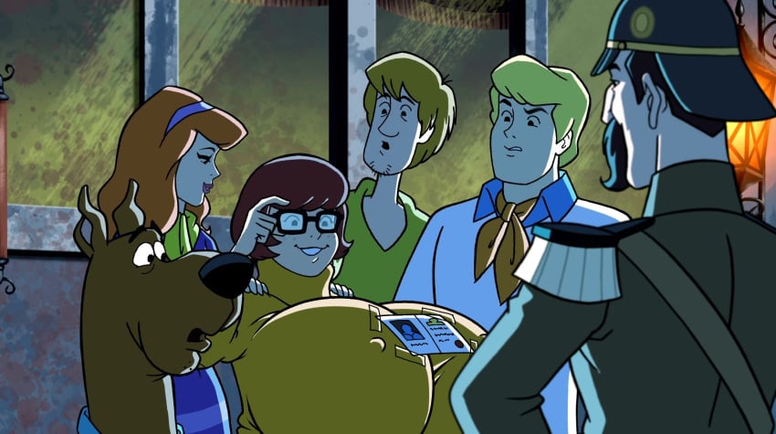 1dog 2girls 3boys big_breasts daphne_blake edit fred_jones huge_breasts outside scooby-doo scooby-doo_(character) shaggy_rogers velma_dinkley woot